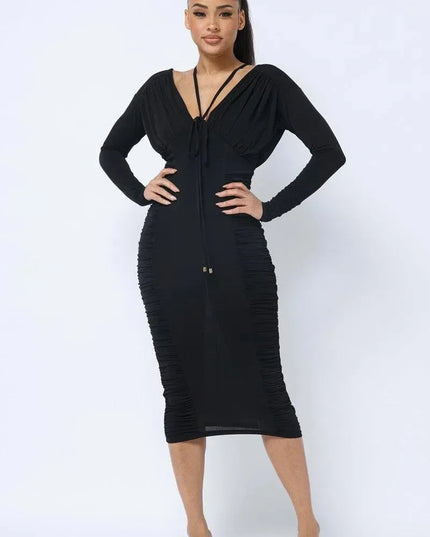 Long Sleeve Midi Dress With Low V Neck Front And Back With Ruching On Sides And Chest - ShopEasier