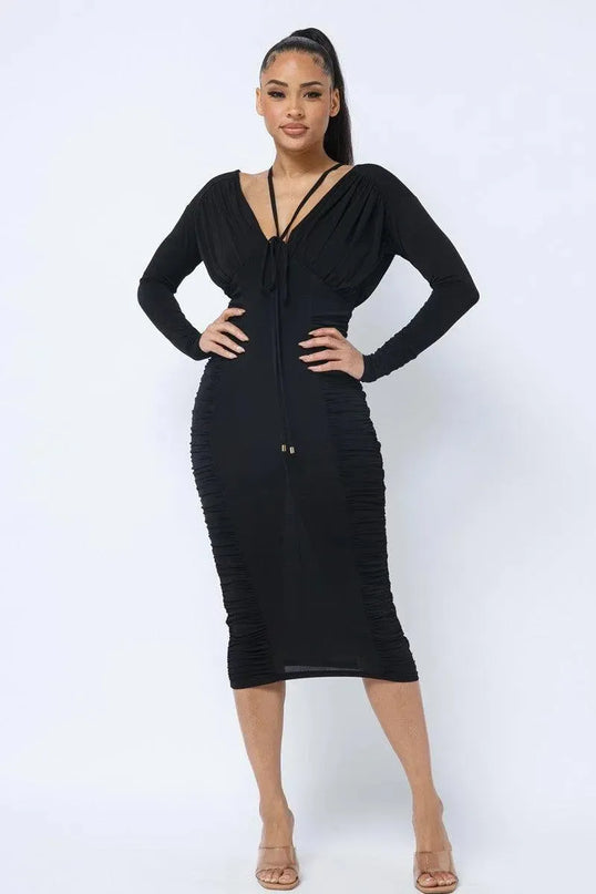 Long Sleeve Midi Dress With Low V Neck Front And Back With Ruching On Sides And Chest - ShopEasier