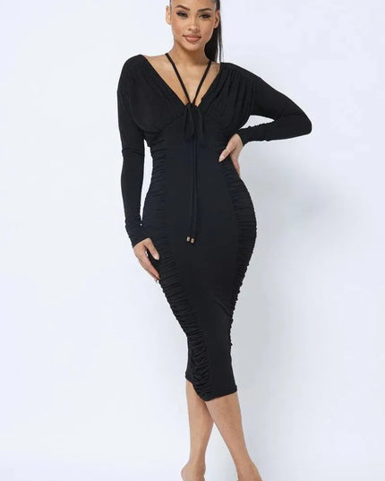 Long Sleeve Midi Dress With Low V Neck Front And Back With Ruching On Sides And Chest - ShopEasier