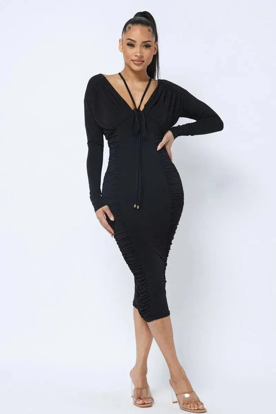 Long Sleeve Midi Dress With Low V Neck Front And Back With Ruching On Sides And Chest - ShopEasier