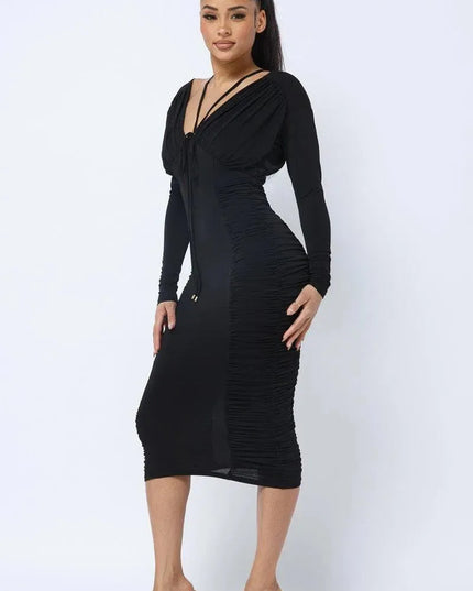 Long Sleeve Midi Dress With Low V Neck Front And Back With Ruching On Sides And Chest - ShopEasier