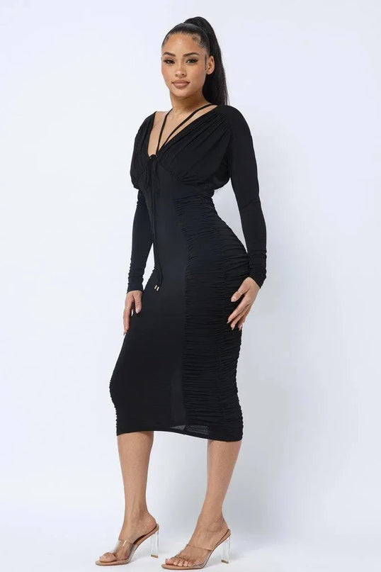 Long Sleeve Midi Dress With Low V Neck Front And Back With Ruching On Sides And Chest - ShopEasier