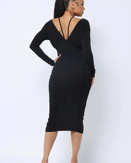 Long Sleeve Midi Dress With Low V Neck Front And Back With Ruching On Sides And Chest - ShopEasier