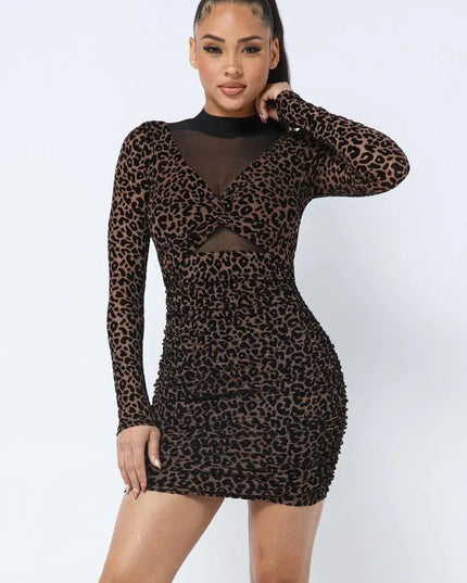 Animal Print Long Sleeve Mock Neck Mini Dress - ShopEasier