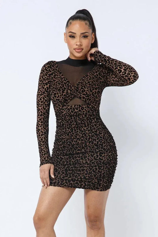 Animal Print Long Sleeve Mock Neck Mini Dress - ShopEasier