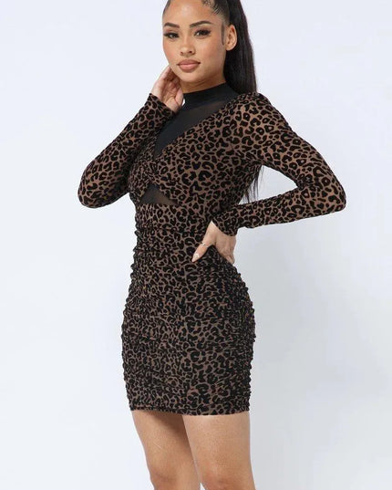 Animal Print Long Sleeve Mock Neck Mini Dress - ShopEasier