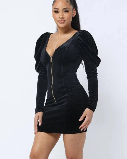 Soft Velvet Pleated Puff Sleeve Low V Neck Front And Back Mini Dress - ShopEasier