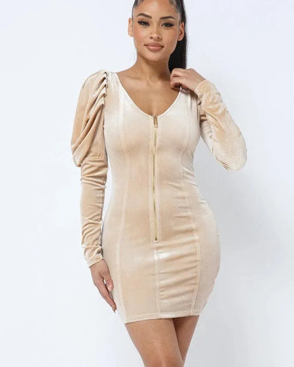 Soft Velvet Pleated Puff Sleeve Low V Neck Front And Back Mini Dress - ShopEasier