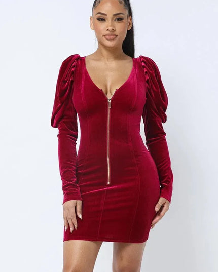 Soft Velvet Pleated Puff Sleeve Low V Neck Front And Back Mini Dress - ShopEasier