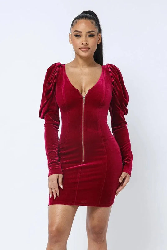 Soft Velvet Pleated Puff Sleeve Low V Neck Front And Back Mini Dress - ShopEasier