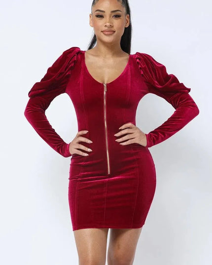 Soft Velvet Pleated Puff Sleeve Low V Neck Front And Back Mini Dress - ShopEasier