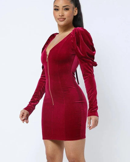 Soft Velvet Pleated Puff Sleeve Low V Neck Front And Back Mini Dress - ShopEasier