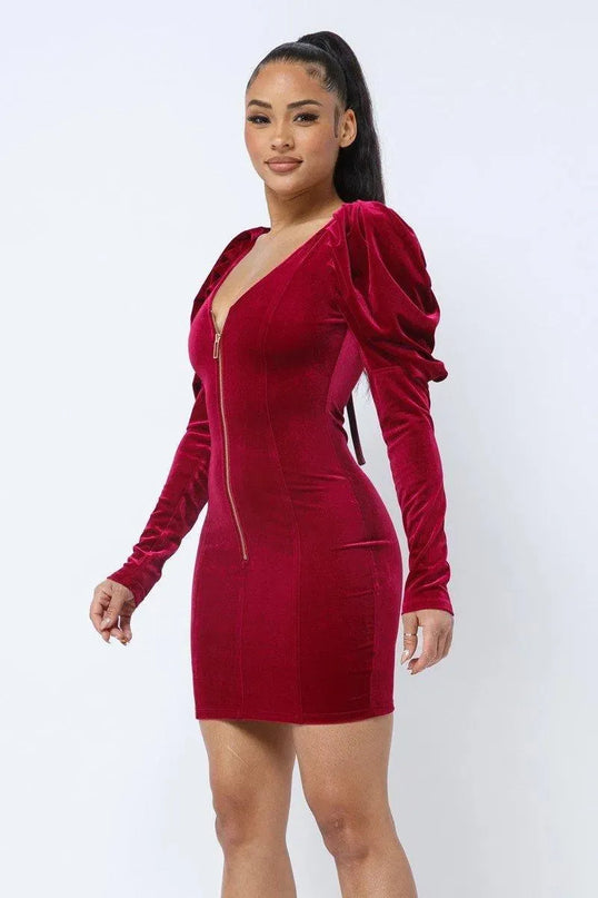 Soft Velvet Pleated Puff Sleeve Low V Neck Front And Back Mini Dress - ShopEasier