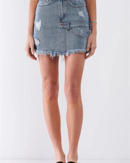 Medium Blue Denim High-waist Distressed Effect Asymmetrical Trim Raw Hem Detail Mini Skirt - ShopEasier