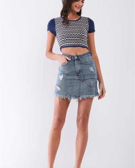 Medium Blue Denim High-waist Distressed Effect Asymmetrical Trim Raw Hem Detail Mini Skirt - ShopEasier