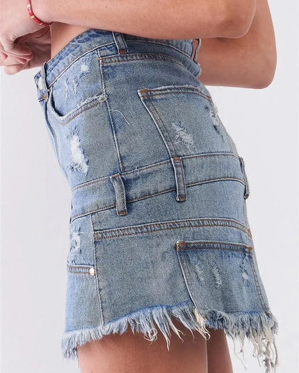 Medium Blue Denim High-waist Distressed Effect Asymmetrical Trim Raw Hem Detail Mini Skirt - ShopEasier