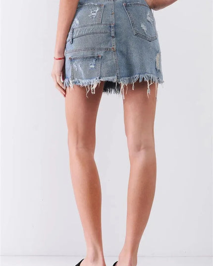 Medium Blue Denim High-waist Distressed Effect Asymmetrical Trim Raw Hem Detail Mini Skirt - ShopEasier