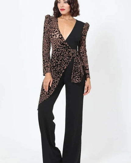 Plunging V Buckle Detail Leopard Jumpsuit - ShopEasier