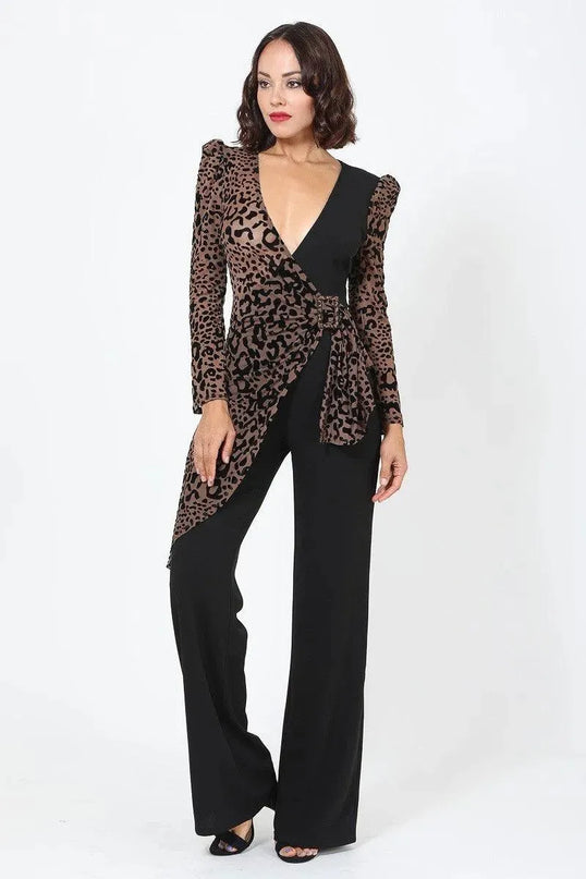 Plunging V Buckle Detail Leopard Jumpsuit - ShopEasier