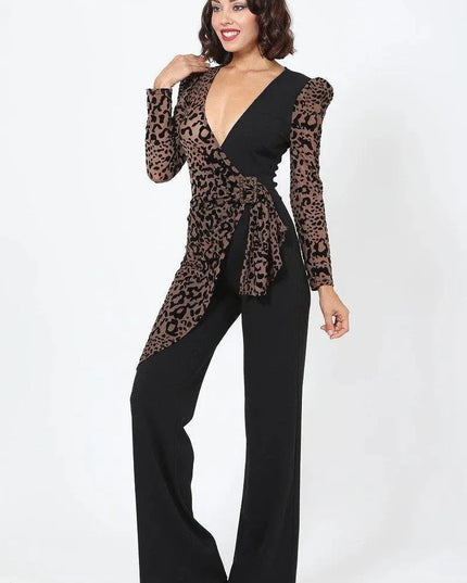 Plunging V Buckle Detail Leopard Jumpsuit - ShopEasier