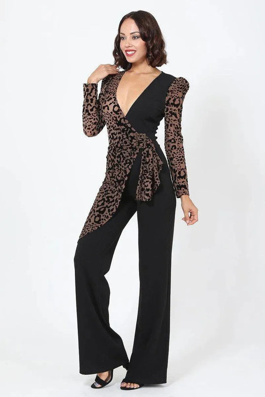 Plunging V Buckle Detail Leopard Jumpsuit - ShopEasier