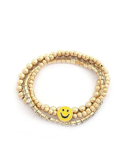 Enamel Happy Face Charm Rhinestone Ball Bead Bracelet Set - ShopEasier