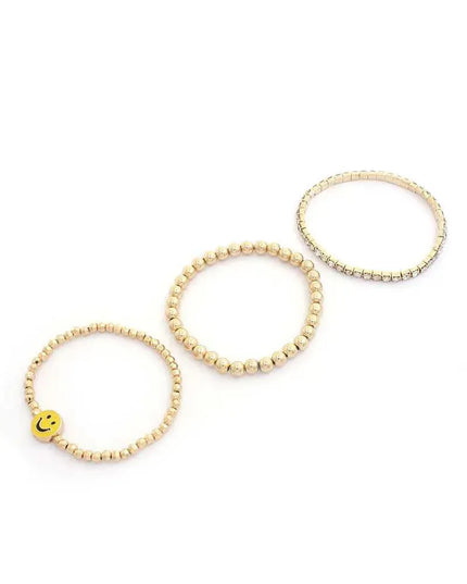 Enamel Happy Face Charm Rhinestone Ball Bead Bracelet Set - ShopEasier