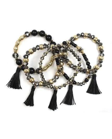 Crystal Stone Ball Bead Tassel Stretch Bracelet Set - ShopEasier