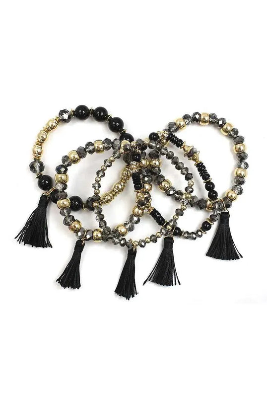 Crystal Stone Ball Bead Tassel Stretch Bracelet Set - ShopEasier