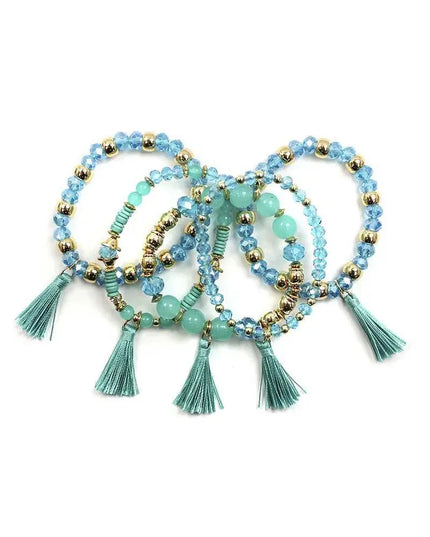 Crystal Stone Ball Bead Tassel Stretch Bracelet Set - ShopEasier