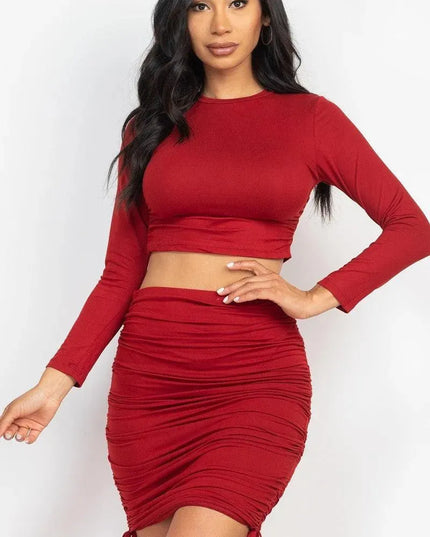 Ruched Side Crop Top & Drawstring Skirt Set - ShopEasier