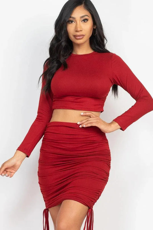 Ruched Side Crop Top & Drawstring Skirt Set - ShopEasier