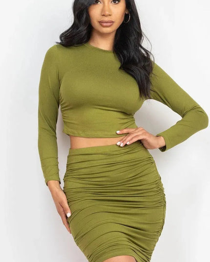 Ruched Side Crop Top & Drawstring Skirt Set - ShopEasier