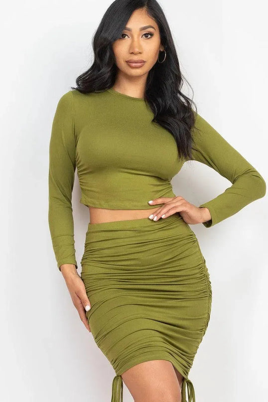 Ruched Side Crop Top & Drawstring Skirt Set - ShopEasier