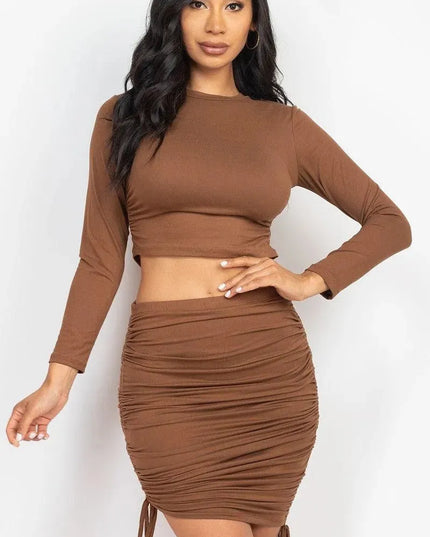 Ruched Side Crop Top & Drawstring Skirt Set - ShopEasier