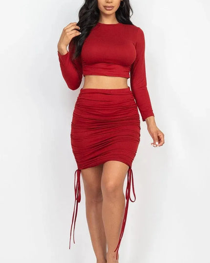 Ruched Side Crop Top & Drawstring Skirt Set - ShopEasier