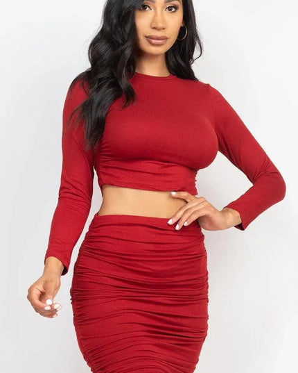 Ruched Side Crop Top & Drawstring Skirt Set - ShopEasier