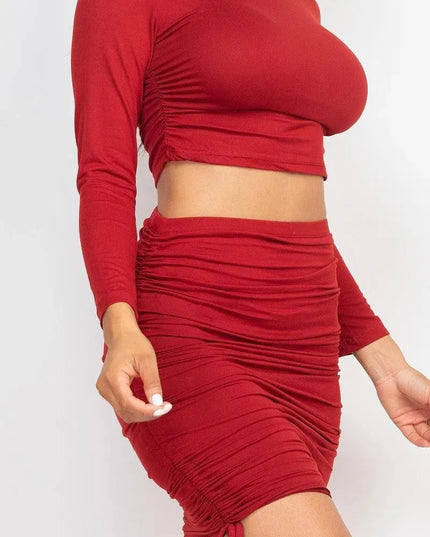 Ruched Side Crop Top & Drawstring Skirt Set - ShopEasier