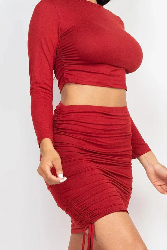 Ruched Side Crop Top & Drawstring Skirt Set - ShopEasier