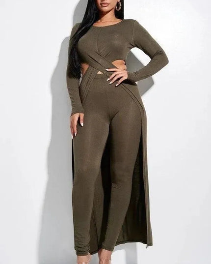 Solid Heavy Rayon Spandex Long Sleeve Crossed Over Long Top And Leggings 2 Piece Set - ShopEasier