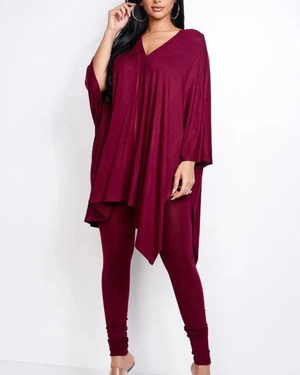 Solid Heavy Rayon Spandex Cape Top And And Leggings 2 Piece Set - ShopEasier