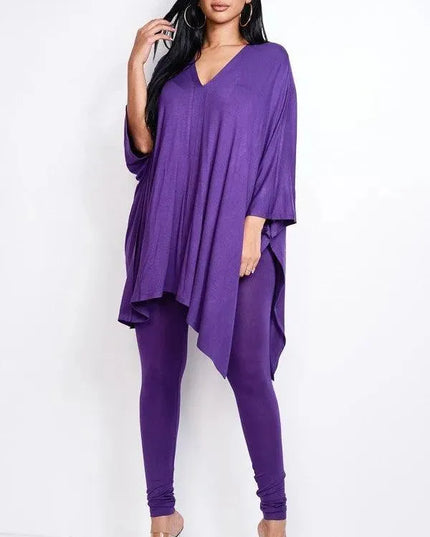 Solid Heavy Rayon Spandex Cape Top And And Leggings 2 Piece Set - ShopEasier