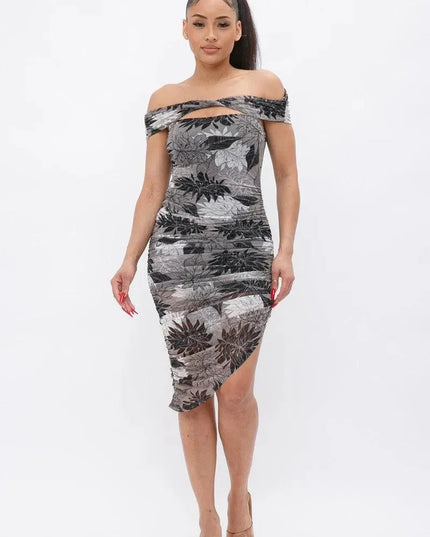 Printed Mesh Off Shoulder Dress - ShopEasier