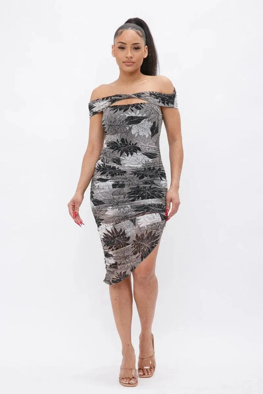 Printed Mesh Off Shoulder Dress - ShopEasier