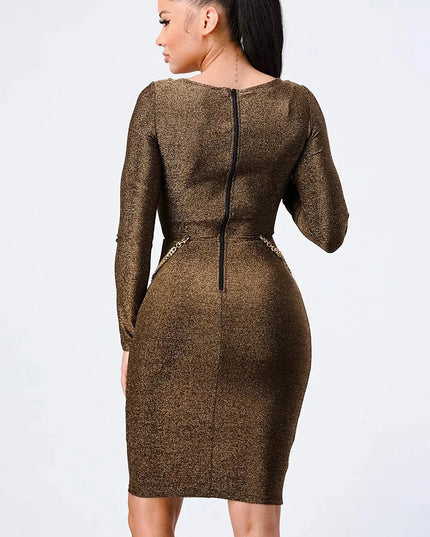 Luxe Waist Gold Chain Cut-out Detail Square Neck Glitter Bodycon Dress - ShopEasier