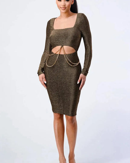 Luxe Waist Gold Chain Cut-out Detail Square Neck Glitter Bodycon Dress - ShopEasier