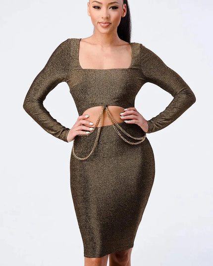 Luxe Waist Gold Chain Cut-out Detail Square Neck Glitter Bodycon Dress - ShopEasier