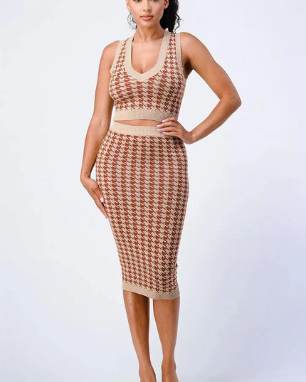 Luxe Gingham Rib Knit Top And Skirt Sets - ShopEasier