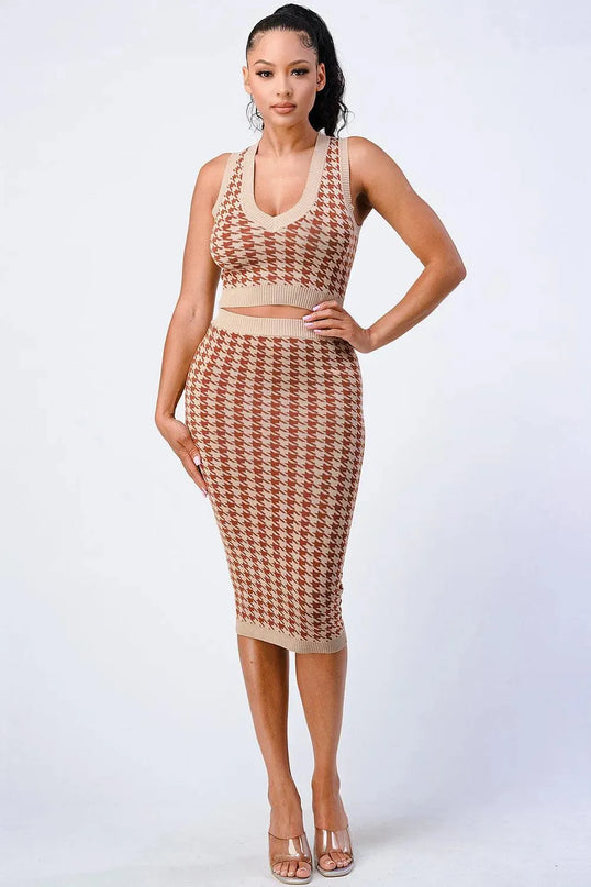 Luxe Gingham Rib Knit Top And Skirt Sets - ShopEasier