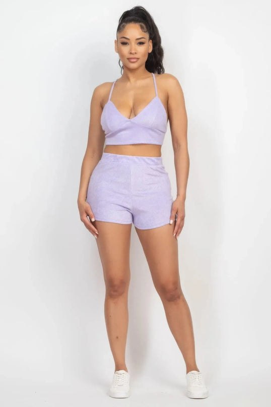 Terry Towel Bralette Top & Mini Shorts Set - ShopEasier